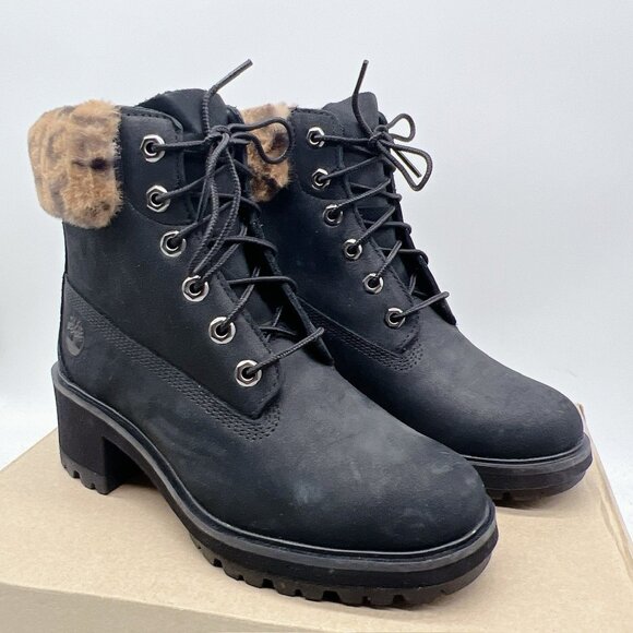 Timberland Kinsley 6-Inch Waterproof Black/Faux Fur Boots Lace Up Platform US 9 - Picture 4 of 12